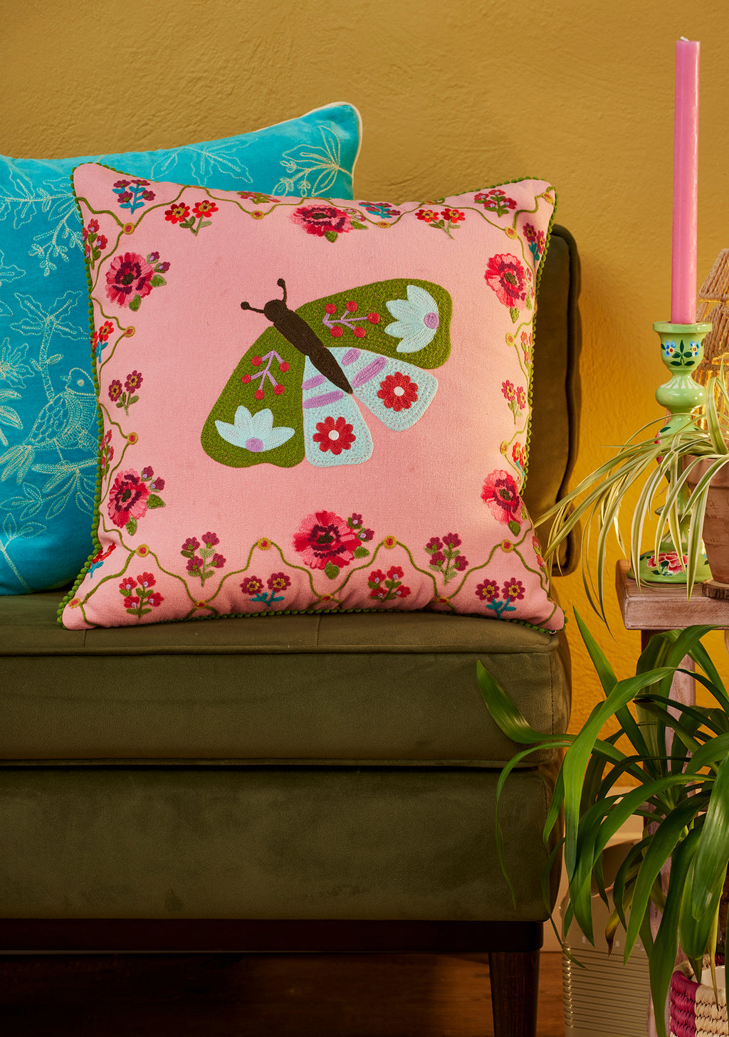 Rose Butterfly Embroidered Cushion Cover