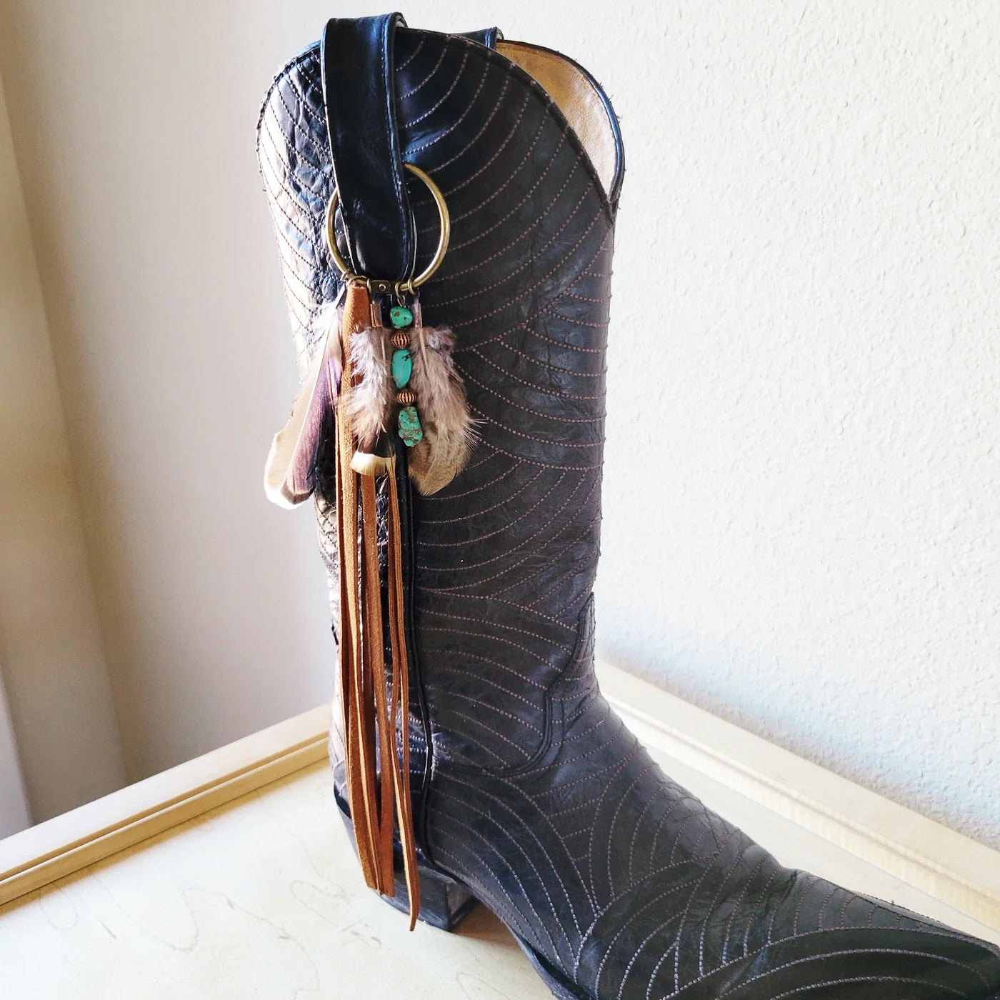 Boho Leather Fringe Boot Bling Cognac