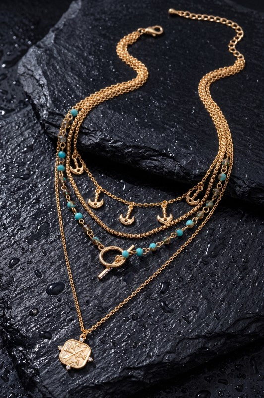 4 Layer Chain Necklace w Charms & Beads