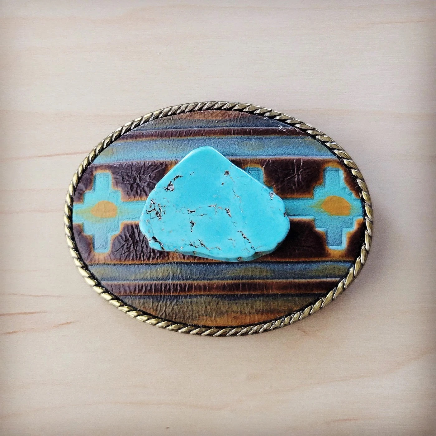 Rope Edge Blue Navajo Leather Belt Buckle w Turq