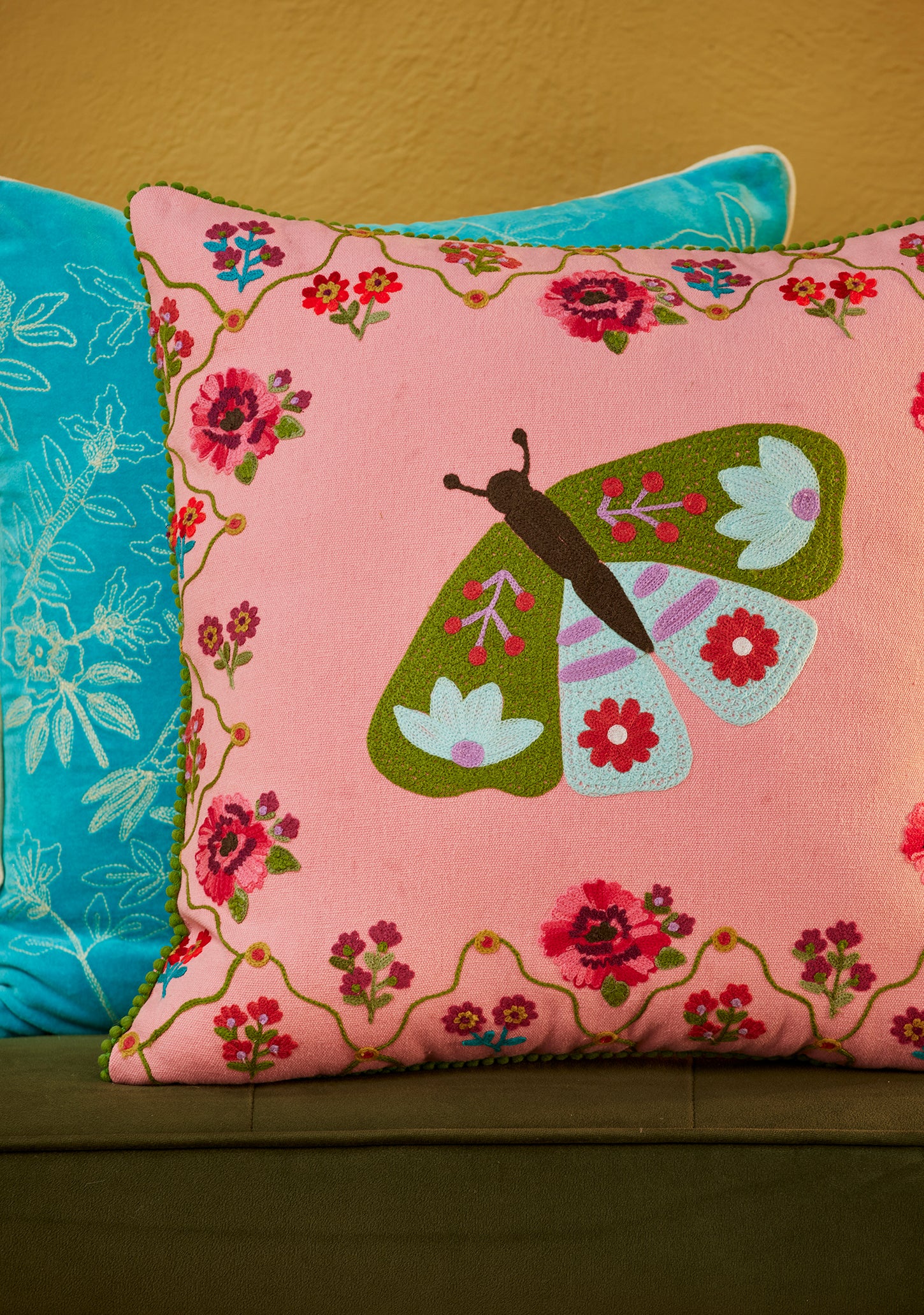 Rose Butterfly Embroidered Cushion Cover