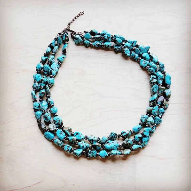 Triple Strand Blue Turq & Wd Collar Necklace - Jewelry Junkie