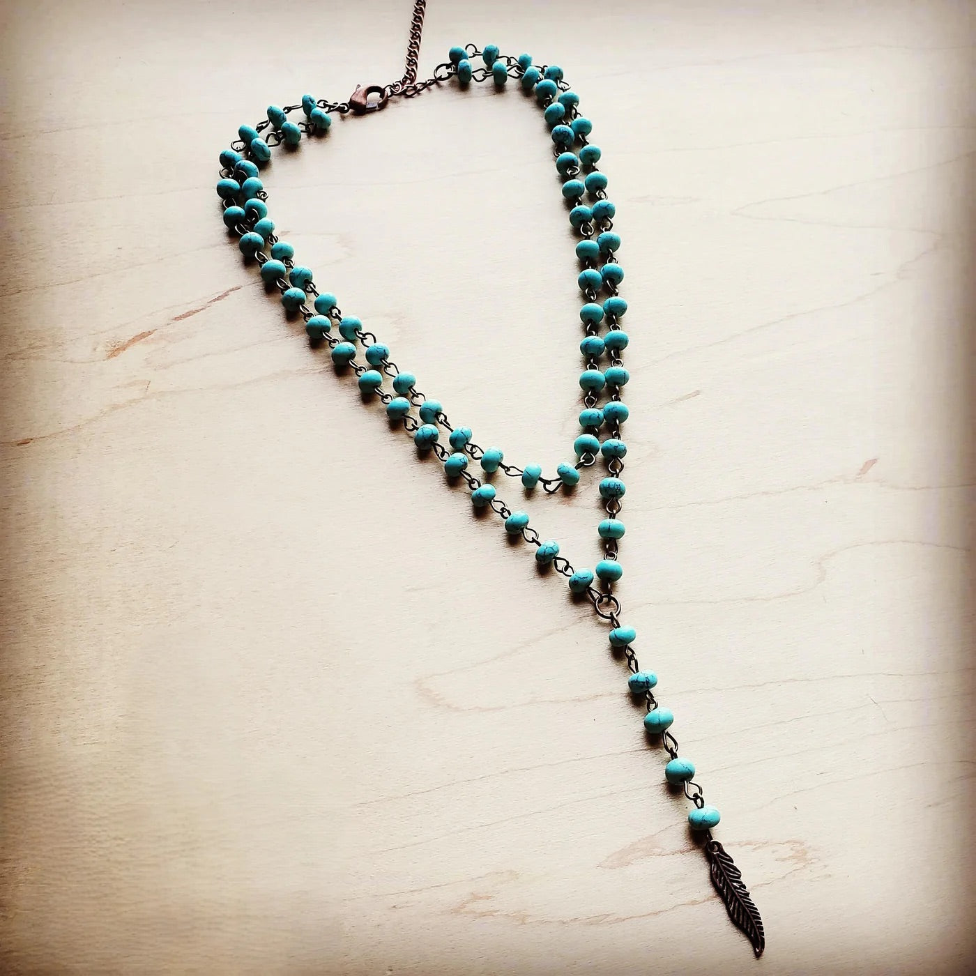 Double Strand Lariat Turquoise Necklace w Copper Feather