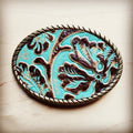 Rope Edge Cowboy Turquoise Leather Belt Buckle